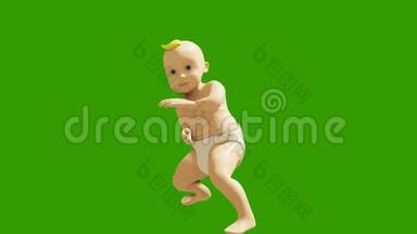 一个小孩子在绿色的屏幕上跳舞。 3D染小舞蹈儿童动画..